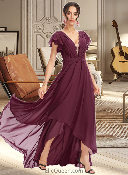 Emmy A-Line V-neck Asymmetrical Bridesmaid Dress With Lace Cascading Ruffles DGP0013243