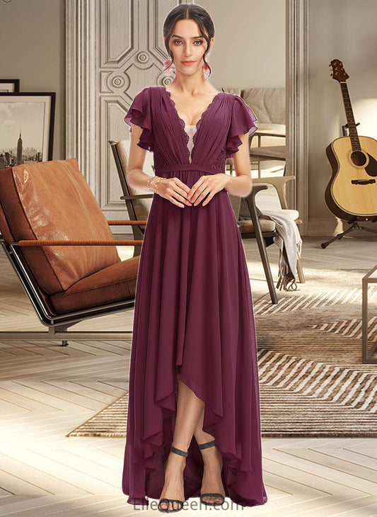 Emmy A-Line V-neck Asymmetrical Bridesmaid Dress With Lace Cascading Ruffles DGP0013243