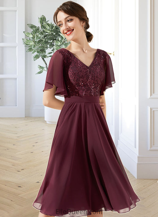 Britney A-Line V-neck Knee-Length Chiffon Lace Bridesmaid Dress With Sequins DGP0013246