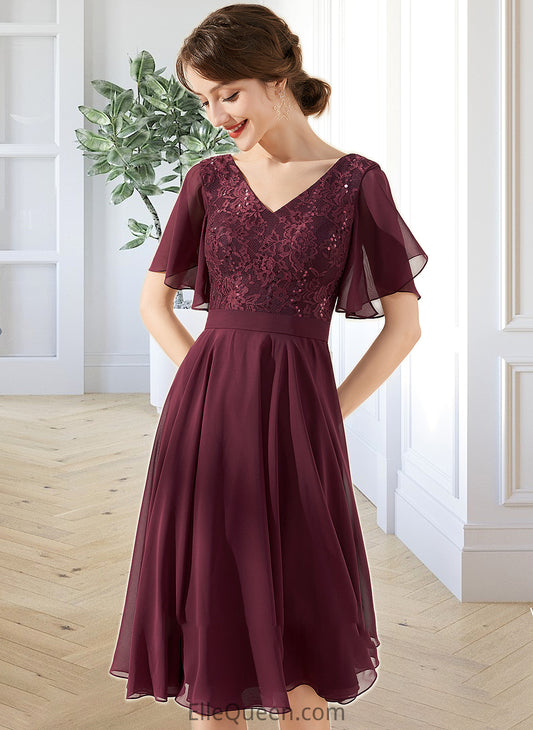 Britney A-Line V-neck Knee-Length Chiffon Lace Bridesmaid Dress With Sequins DGP0013246