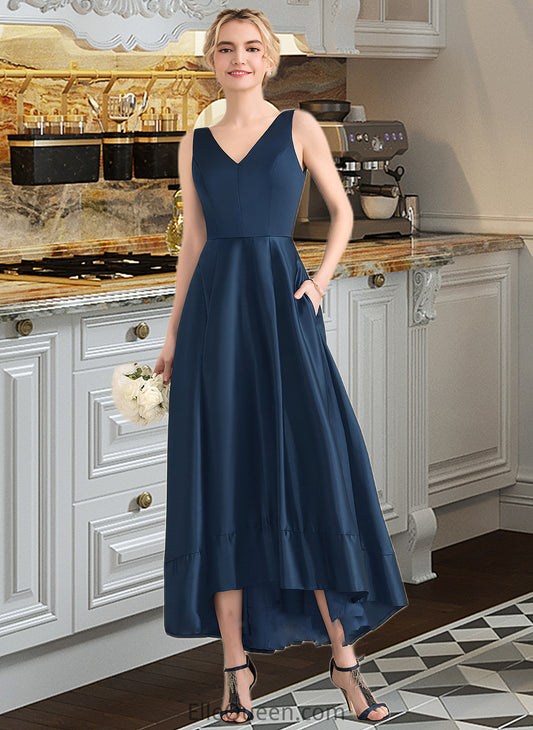 Quinn Ball-Gown/Princess V-neck Asymmetrical Satin Bridesmaid Dress With Pockets DGP0013251