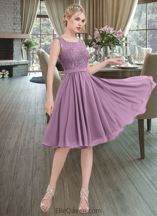 Camille A-Line Square Neckline Knee-Length Chiffon Lace Bridesmaid Dress DGP0013252