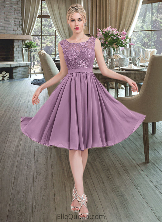 Camille A-Line Square Neckline Knee-Length Chiffon Lace Bridesmaid Dress DGP0013252