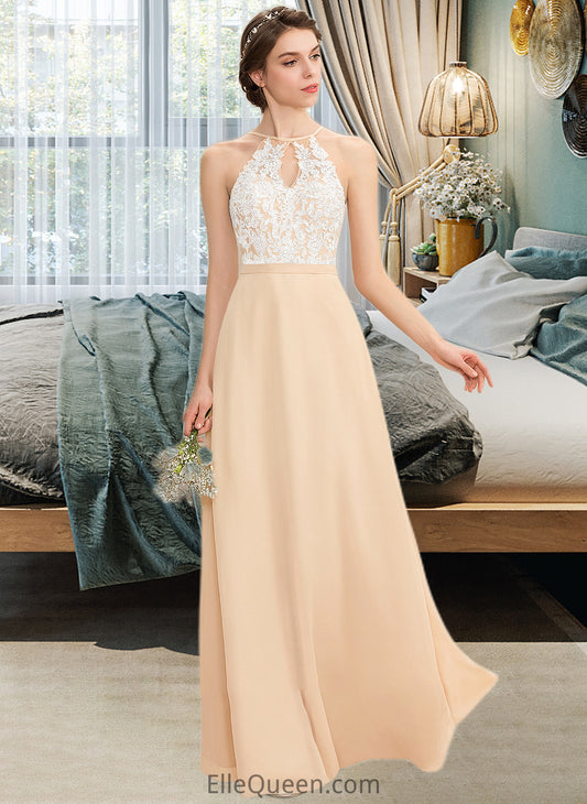 Tess A-Line Scoop Neck Floor-Length Chiffon Lace Bridesmaid Dress With Bow(s) DGP0013259