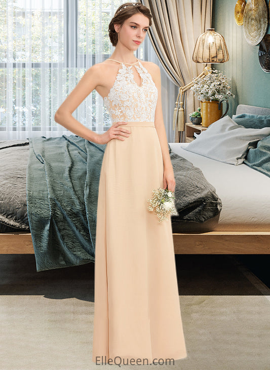 Tess A-Line Scoop Neck Floor-Length Chiffon Lace Bridesmaid Dress With Bow(s) DGP0013259