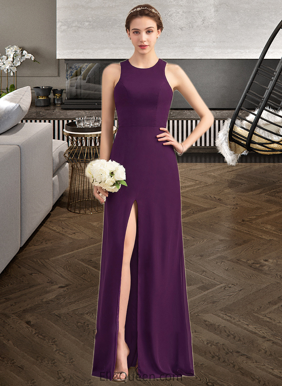 Talia A-Line Scoop Neck Floor-Length Chiffon Bridesmaid Dress With Split Front DGP0013260