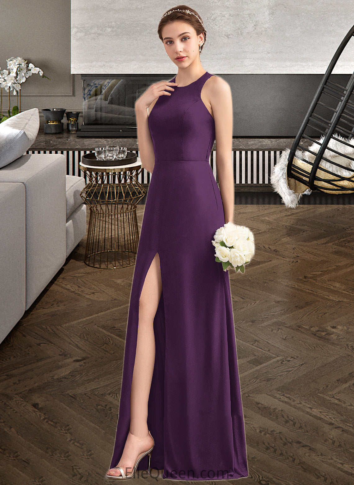 Talia A-Line Scoop Neck Floor-Length Chiffon Bridesmaid Dress With Split Front DGP0013260