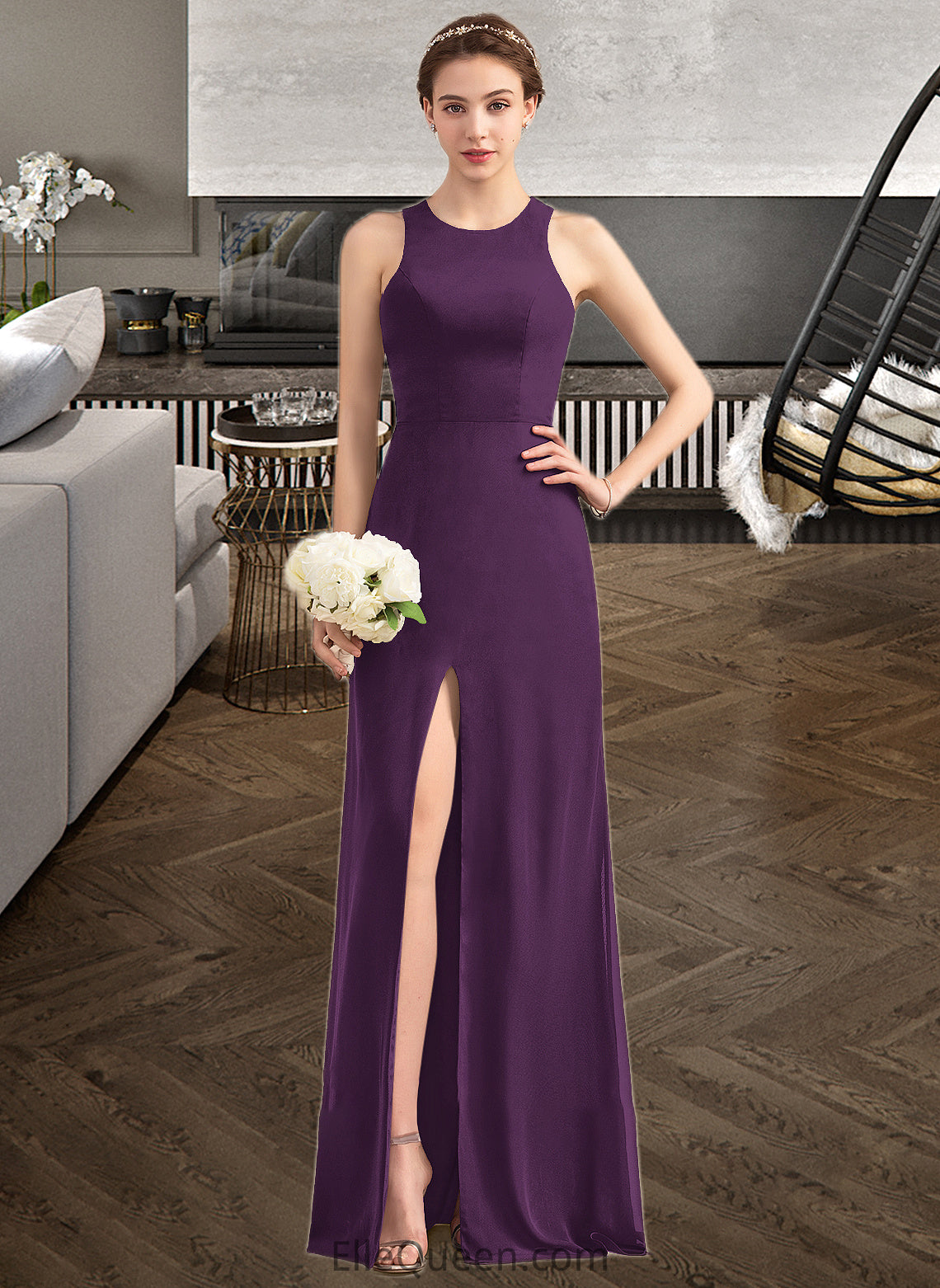 Talia A-Line Scoop Neck Floor-Length Chiffon Bridesmaid Dress With Split Front DGP0013260