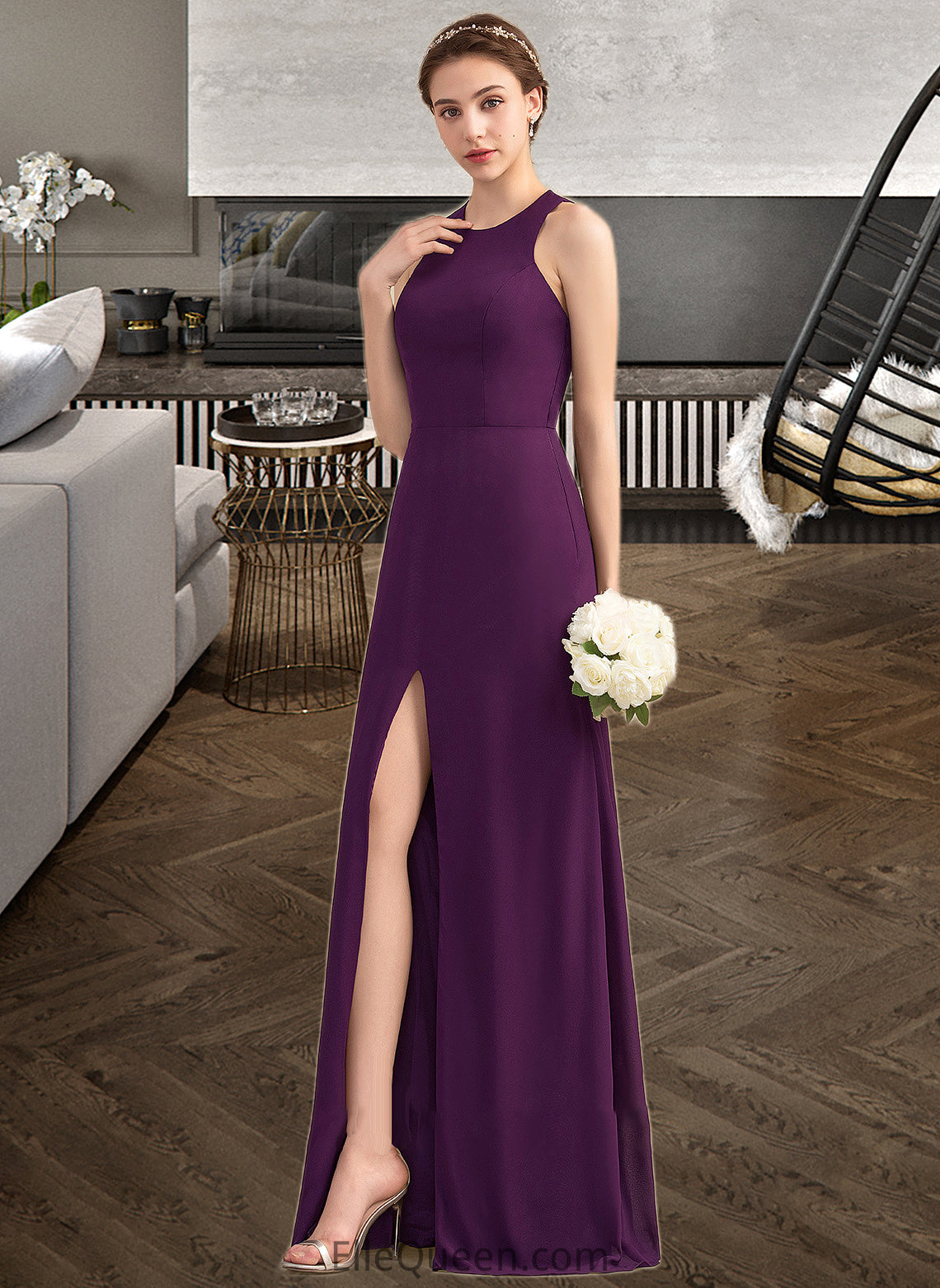 Talia A-Line Scoop Neck Floor-Length Chiffon Bridesmaid Dress With Split Front DGP0013260