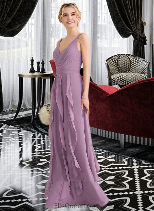 Khloe A-Line V-neck Floor-Length Chiffon Bridesmaid Dress With Cascading Ruffles DGP0013261