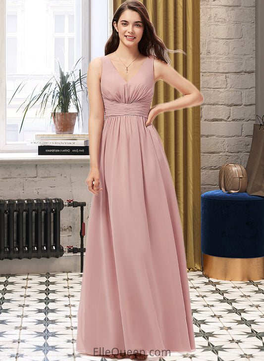 Elyse A-Line V-neck Floor-Length Chiffon Bridesmaid Dress With Ruffle DGP0013266