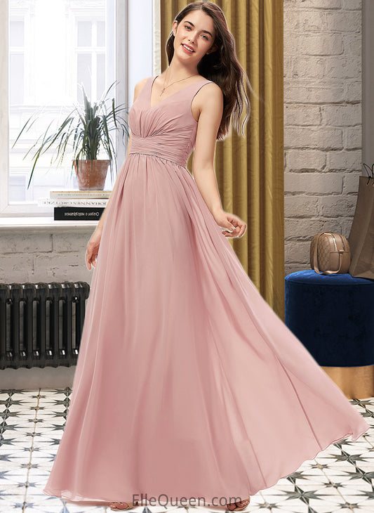 Elyse A-Line V-neck Floor-Length Chiffon Bridesmaid Dress With Ruffle DGP0013266