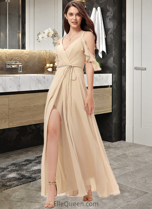 Micaela A-Line V-neck Floor-Length Chiffon Bridesmaid Dress With Ruffle Split Front DGP0013267