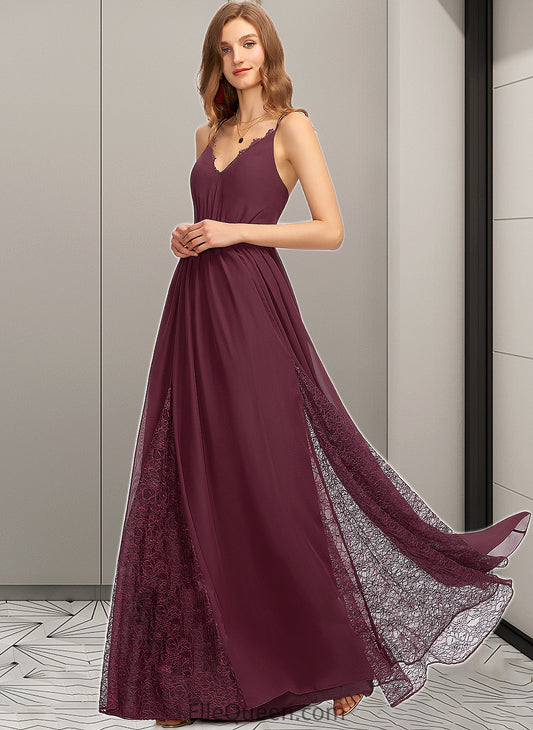 Marley A-Line V-neck Floor-Length Chiffon Lace Bridesmaid Dress DGP0013268