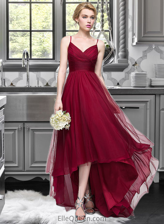 Yesenia A-Line V-neck Asymmetrical Tulle Bridesmaid Dress DGP0013270