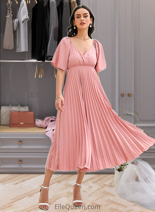 Scarlett A-LineV-neckTea-LengthBridesmaidDressWithPleated#273656 DGP0013273