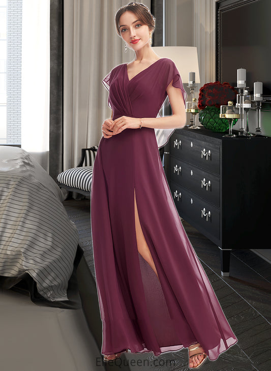 Chelsea A-Line V-neck Floor-Length Bridesmaid Dress With Ruffle Split Front DGP0013276