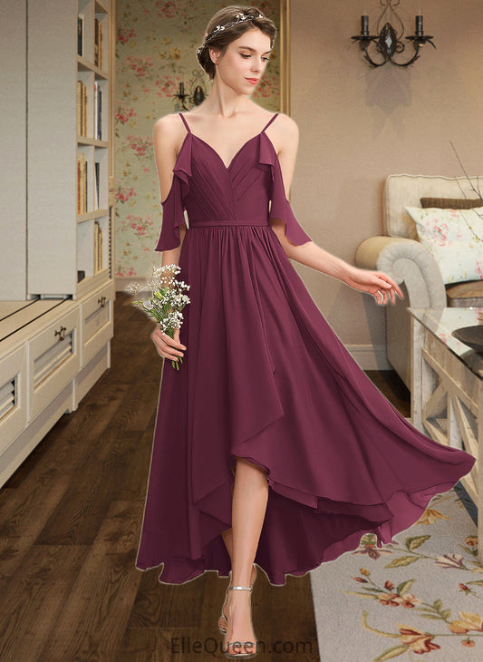 Brittany A-Line V-neck Asymmetrical Chiffon Bridesmaid Dress With Cascading Ruffles DGP0013280