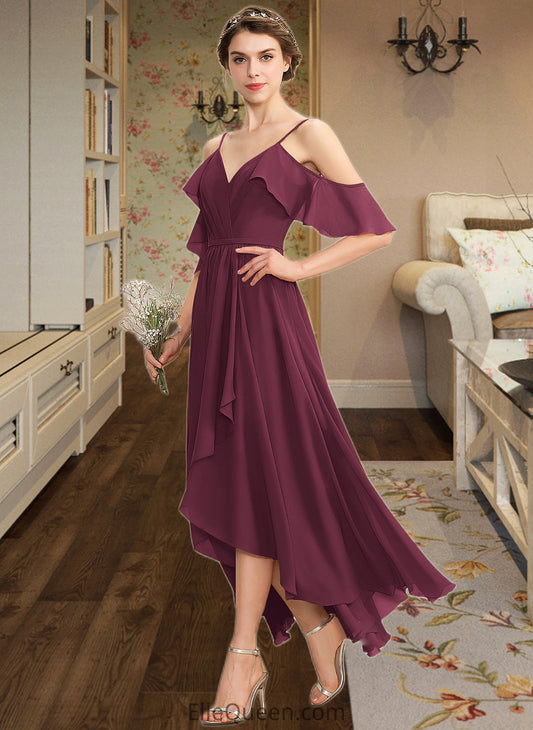 Brittany A-Line V-neck Asymmetrical Chiffon Bridesmaid Dress With Cascading Ruffles DGP0013280