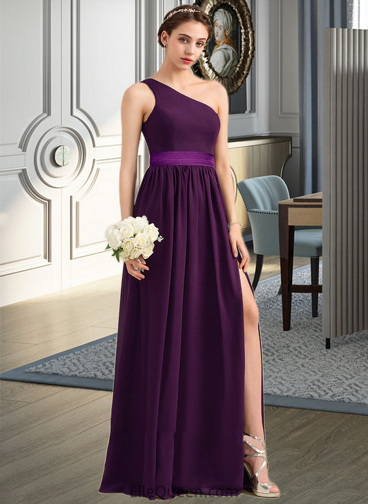 Destiney A-Line/Princess One-Shoulder Floor-Length Chiffon Charmeuse Bridesmaid Dress With Ruffle Split Front DGP0013288