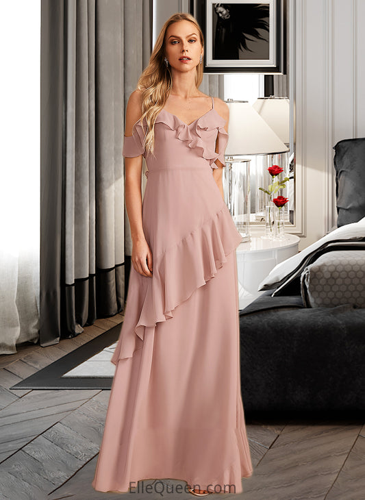 Violet A-Line V-neck Floor-Length Bridesmaid Dress With Ruffle DGP0013289