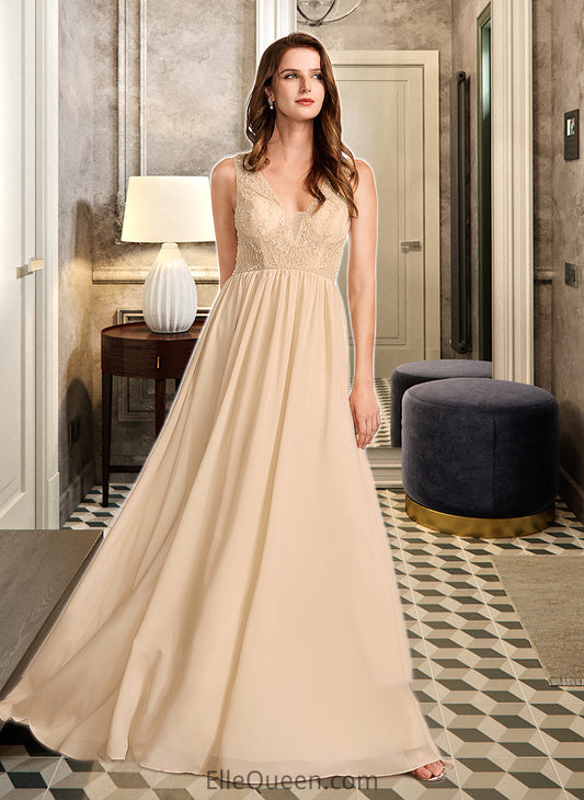 Caroline A-Line V-neck Floor-Length Bridesmaid Dress With Sequins DGP0013291