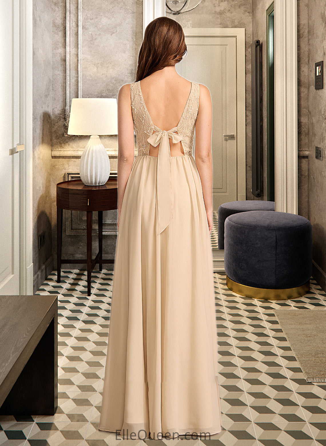 Caroline A-Line V-neck Floor-Length Bridesmaid Dress With Sequins DGP0013291