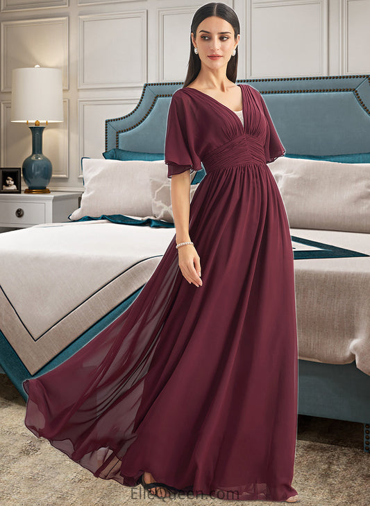 Nevaeh A-Line V-neck Floor-Length Bridesmaid Dress With Ruffle DGP0013292