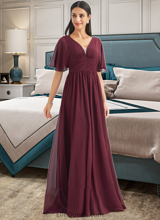 Nevaeh A-Line V-neck Floor-Length Bridesmaid Dress With Ruffle DGP0013292