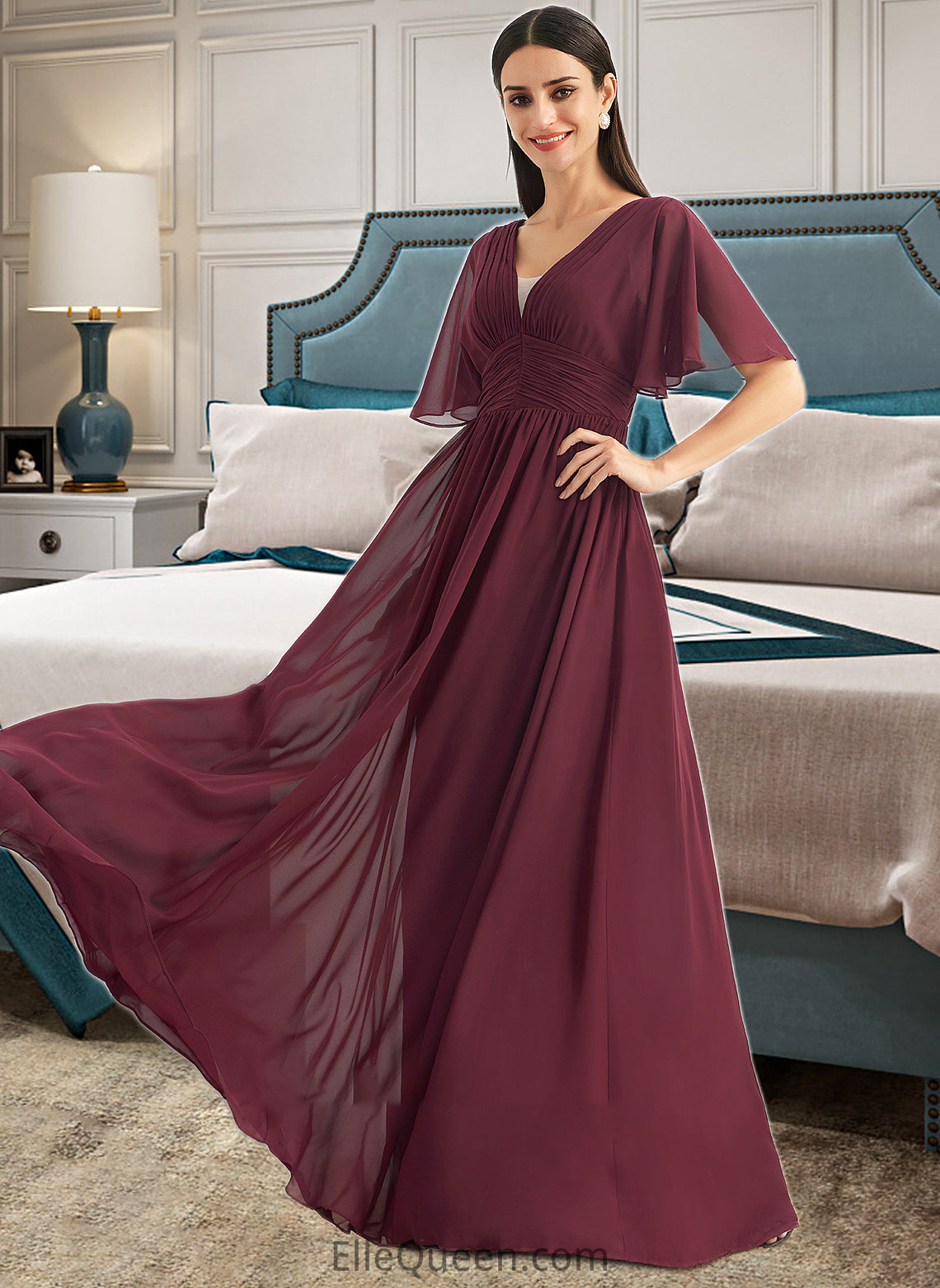 Nevaeh A-Line V-neck Floor-Length Bridesmaid Dress With Ruffle DGP0013292