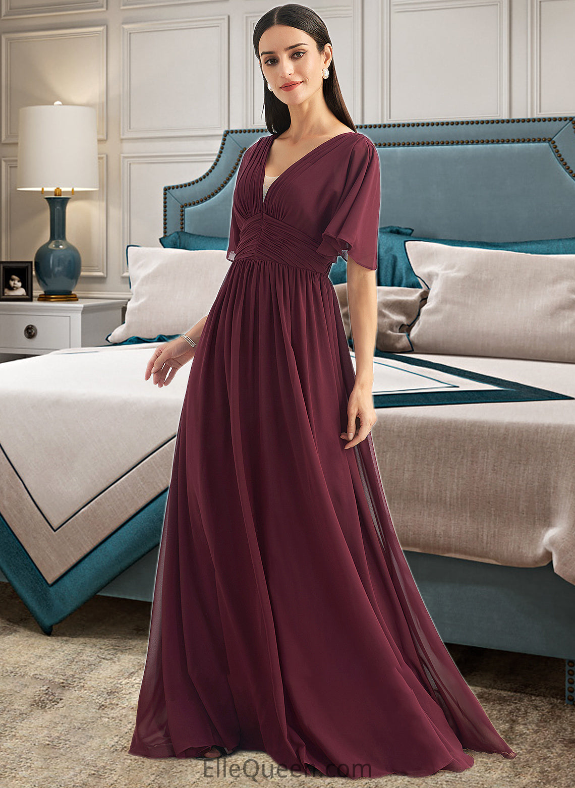 Nevaeh A-Line V-neck Floor-Length Bridesmaid Dress With Ruffle DGP0013292