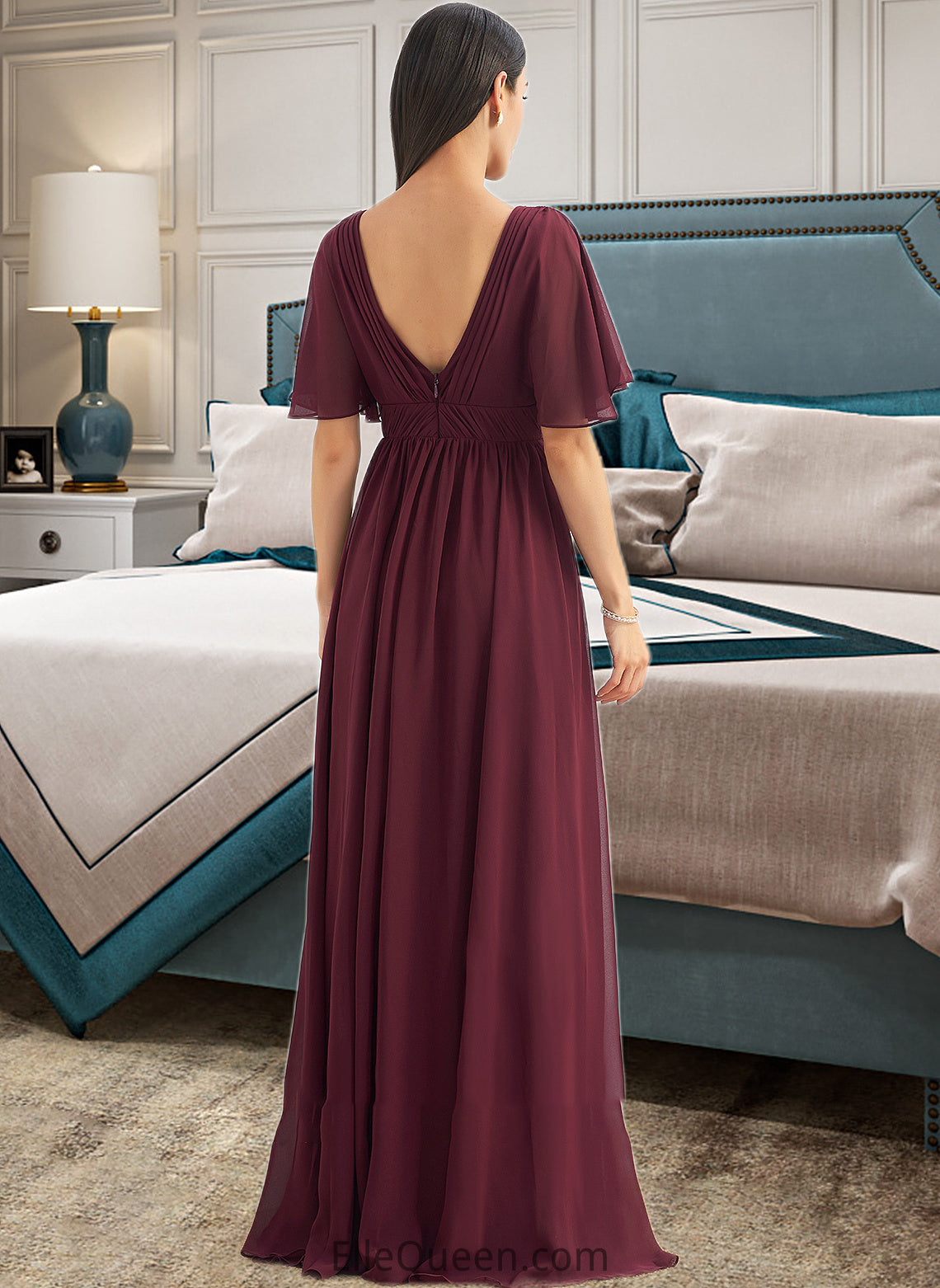 Nevaeh A-Line V-neck Floor-Length Bridesmaid Dress With Ruffle DGP0013292