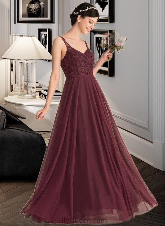 Iris A-Line/Princess V-neck Floor-Length Tulle Lace Bridesmaid Dress DGP0013295