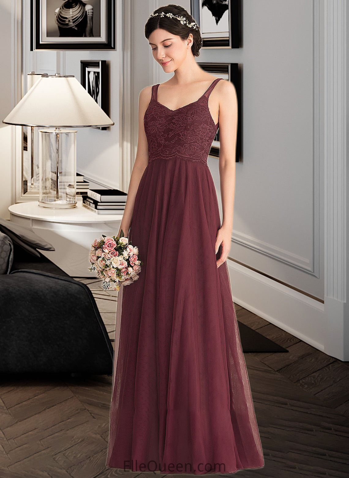 Iris A-Line/Princess V-neck Floor-Length Tulle Lace Bridesmaid Dress DGP0013295