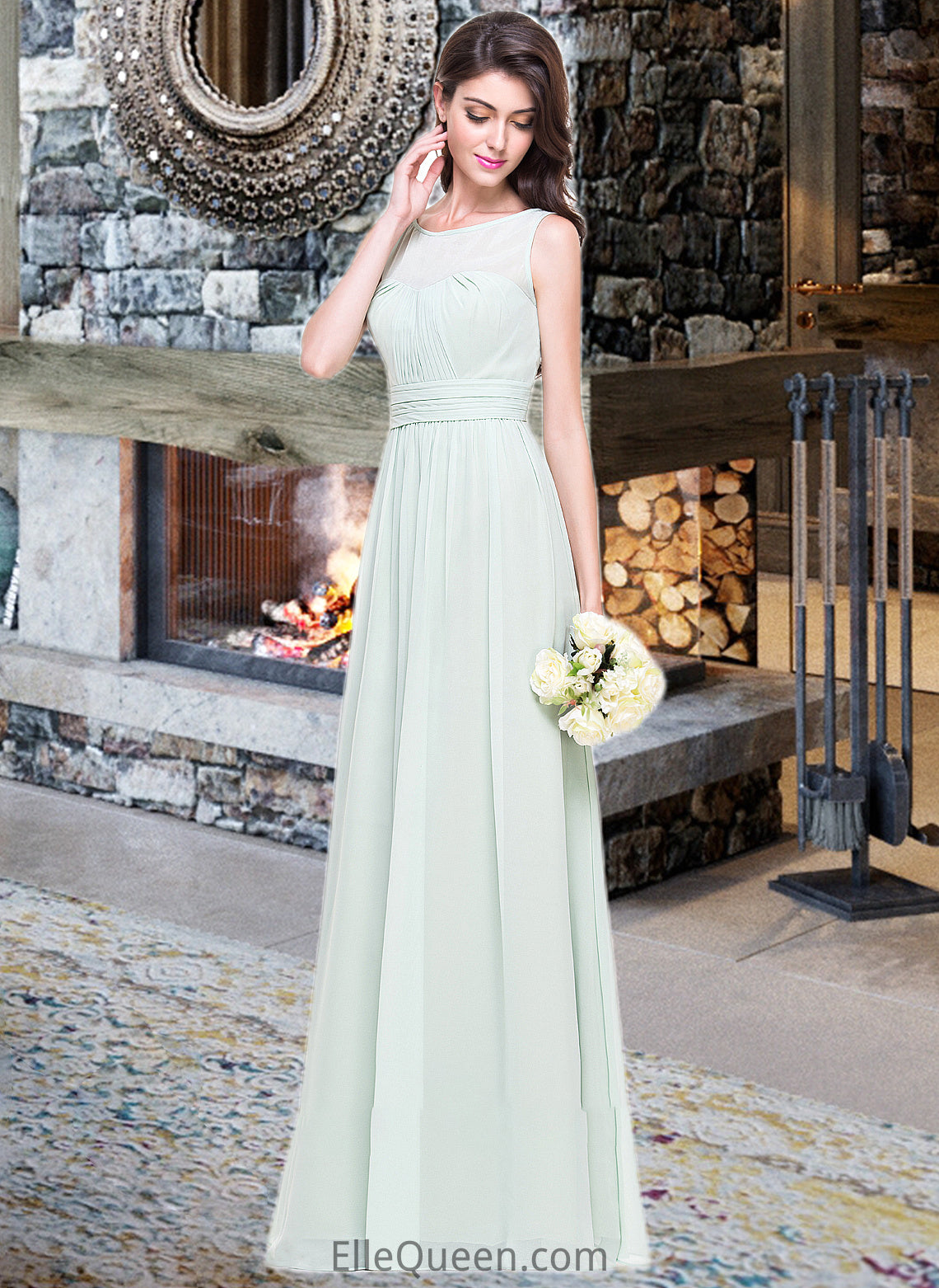 Lesley A-Line Scoop Neck Floor-Length Chiffon Bridesmaid Dress With Ruffle DGP0013296