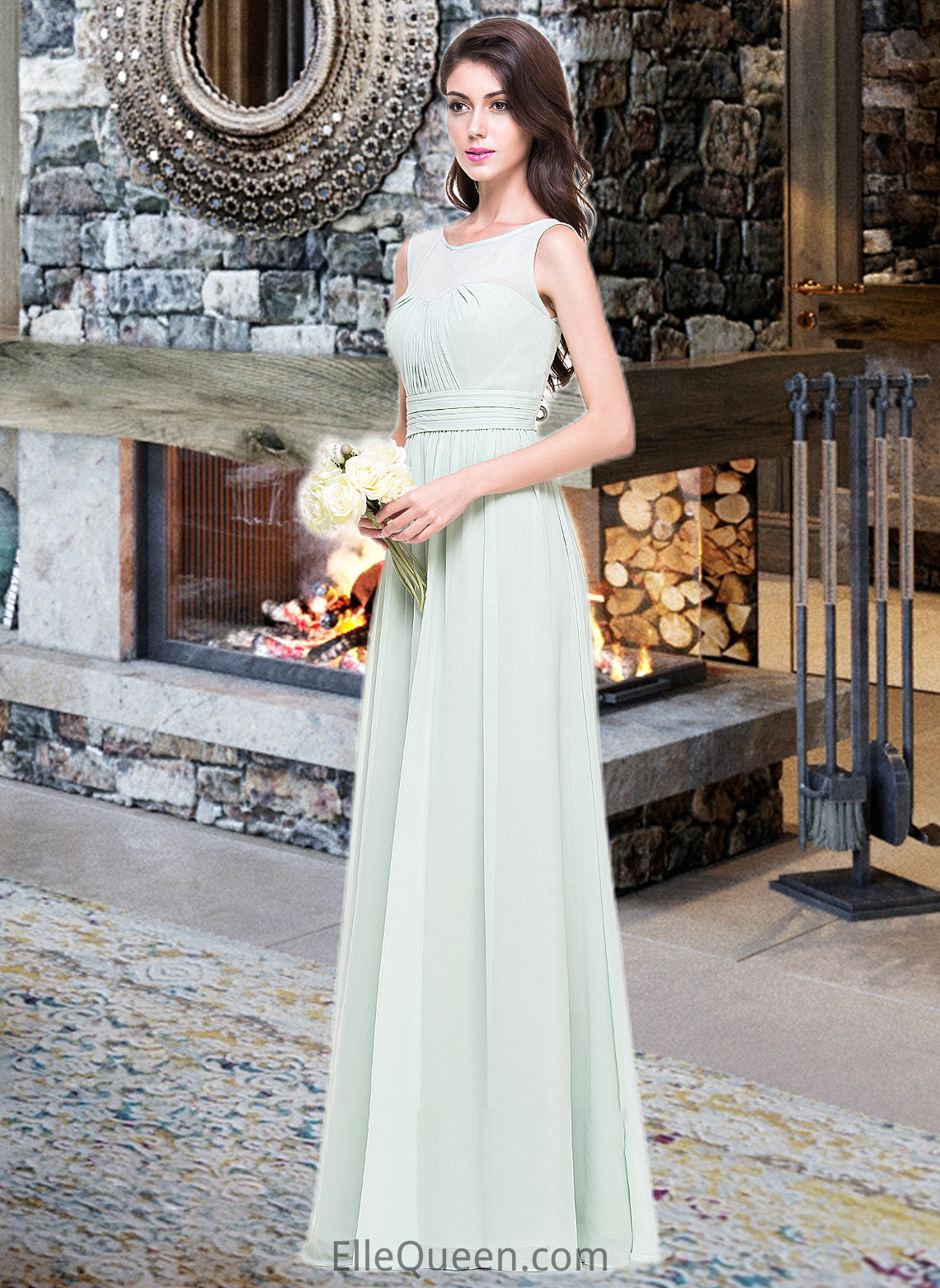 Lesley A-Line Scoop Neck Floor-Length Chiffon Bridesmaid Dress With Ruffle DGP0013296