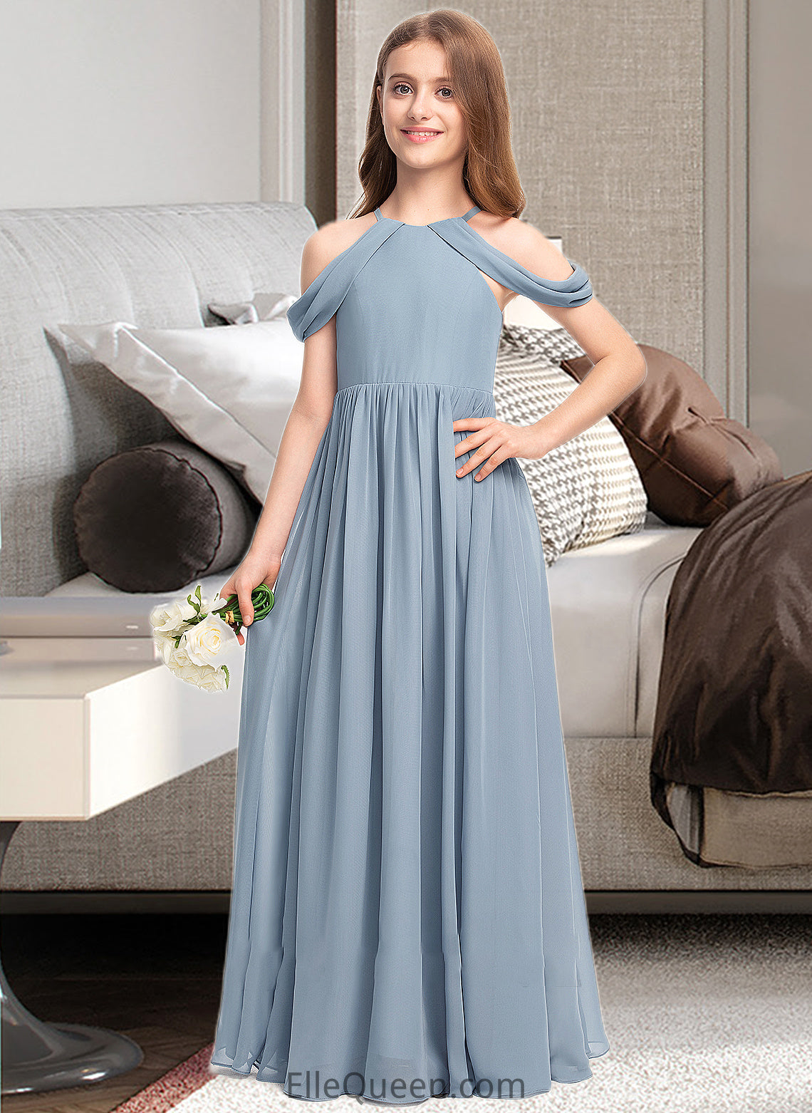 Cheryl A-Line Scoop Neck Floor-Length Chiffon Junior Bridesmaid Dress With Ruffle DGP0013302