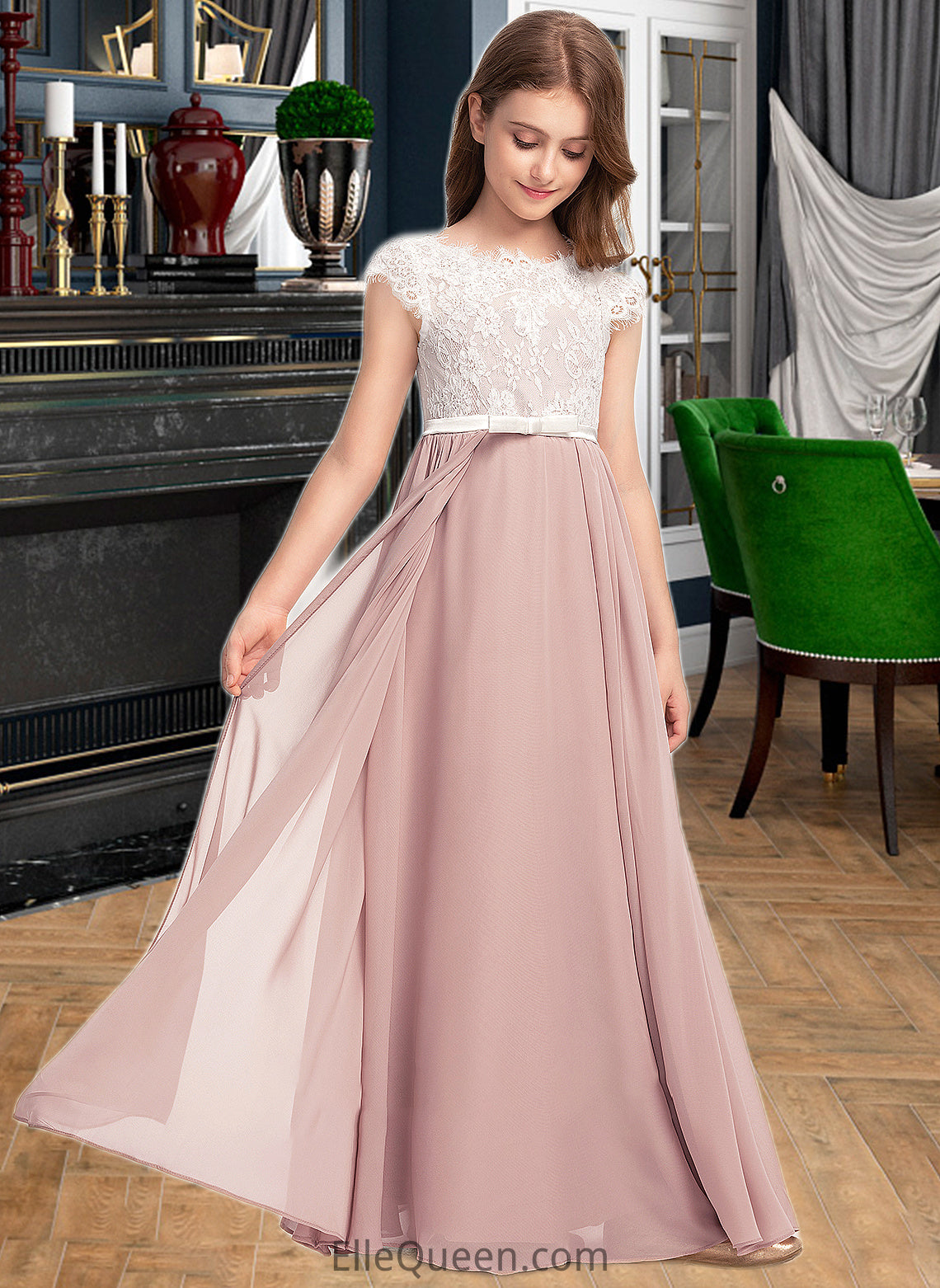 Elisa A-Line Scoop Neck Floor-Length Chiffon Lace Junior Bridesmaid Dress With Bow(s) DGP0013305