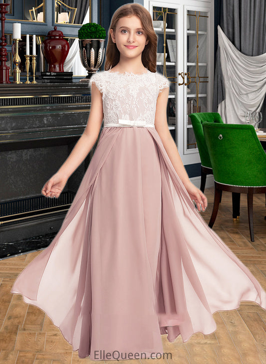 Elisa A-Line Scoop Neck Floor-Length Chiffon Lace Junior Bridesmaid Dress With Bow(s) DGP0013305