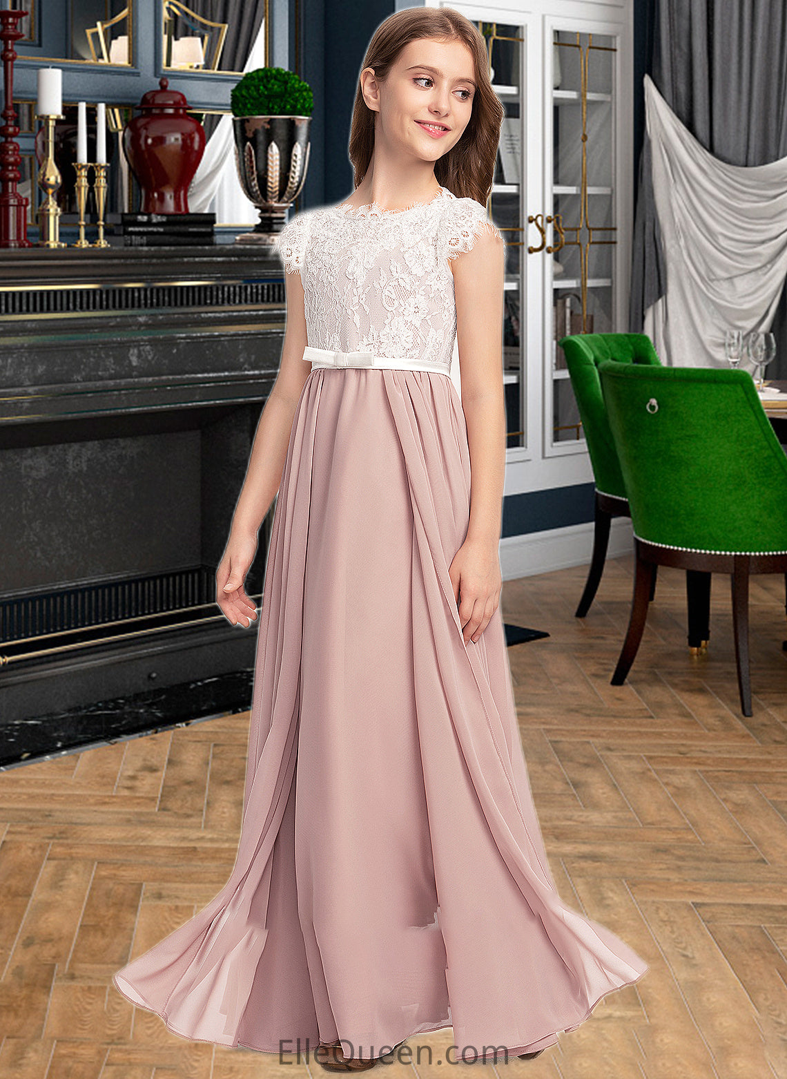 Elisa A-Line Scoop Neck Floor-Length Chiffon Lace Junior Bridesmaid Dress With Bow(s) DGP0013305