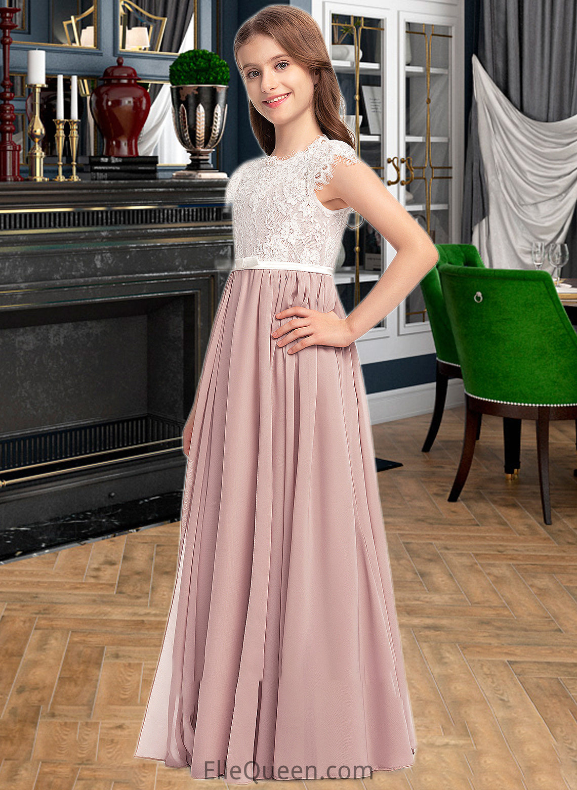 Elisa A-Line Scoop Neck Floor-Length Chiffon Lace Junior Bridesmaid Dress With Bow(s) DGP0013305