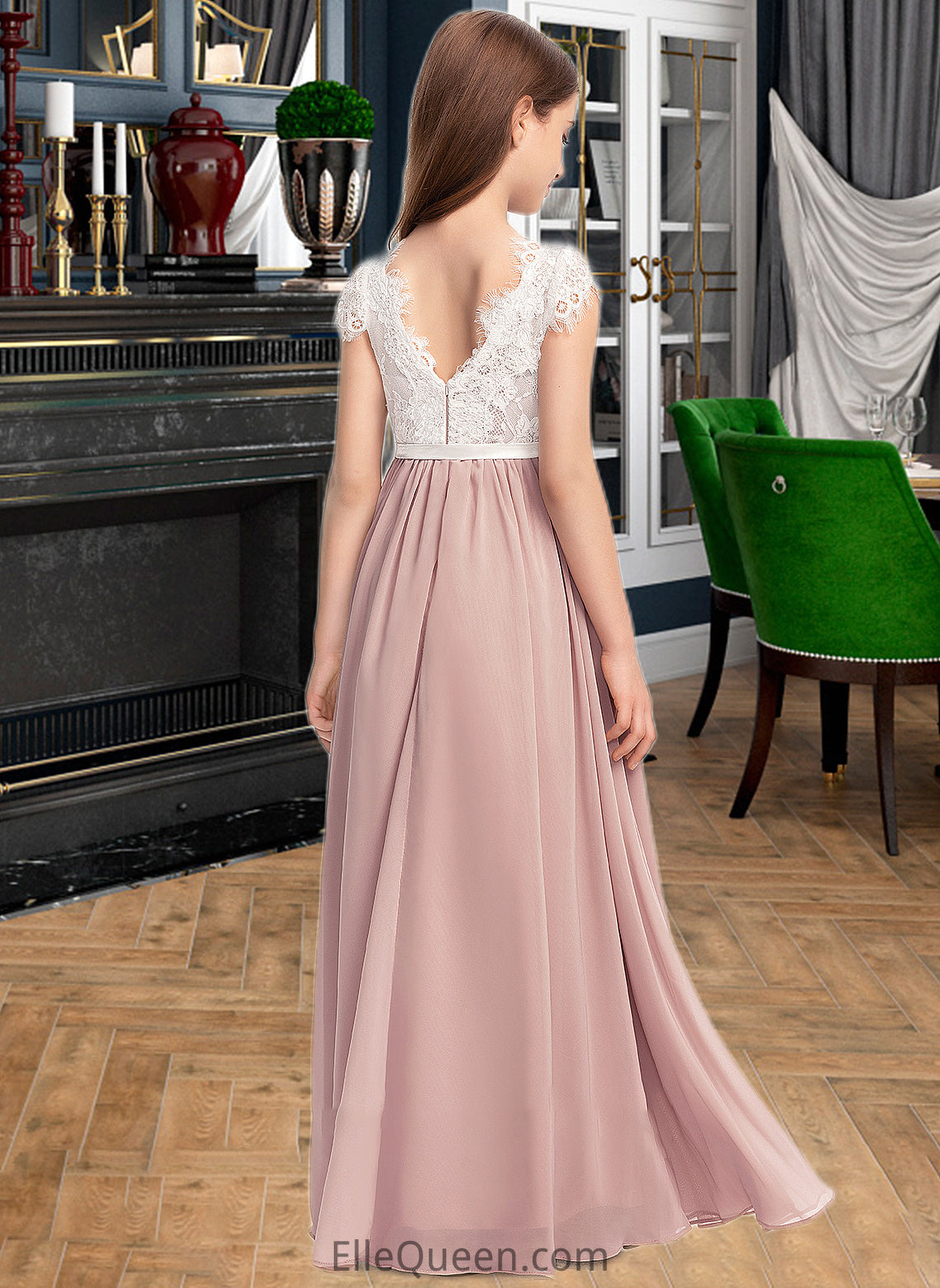 Elisa A-Line Scoop Neck Floor-Length Chiffon Lace Junior Bridesmaid Dress With Bow(s) DGP0013305