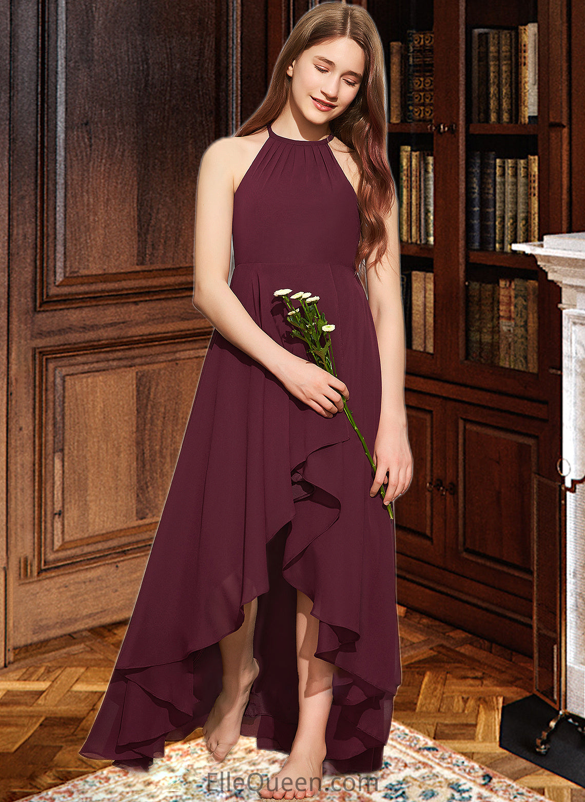 Kaylen A-Line Scoop Neck Asymmetrical Chiffon Junior Bridesmaid Dress With Ruffle DGP0013306