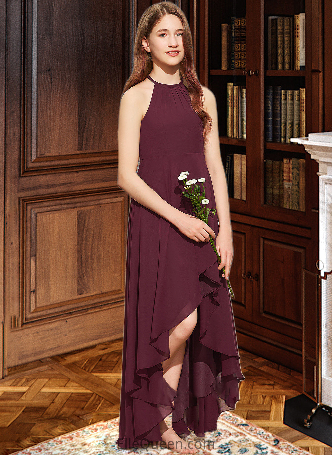 Kaylen A-Line Scoop Neck Asymmetrical Chiffon Junior Bridesmaid Dress With Ruffle DGP0013306