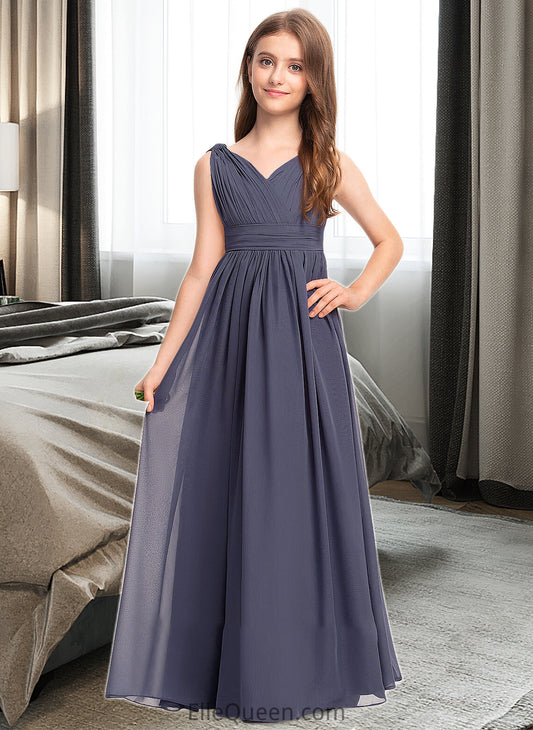 Nydia A-Line V-neck Floor-Length Chiffon Junior Bridesmaid Dress With Ruffle DGP0013307