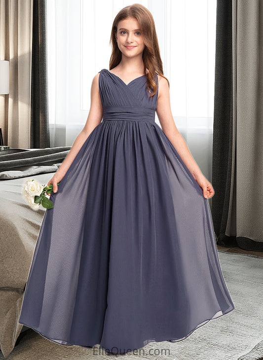 Nydia A-Line V-neck Floor-Length Chiffon Junior Bridesmaid Dress With Ruffle DGP0013307