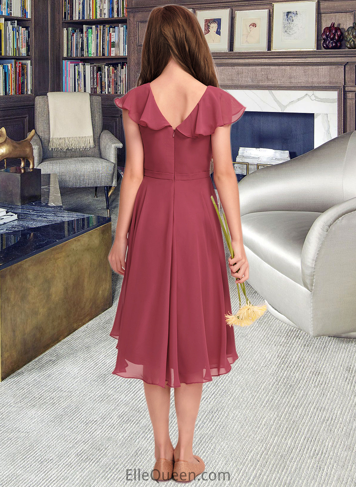 Winifred A-Line V-neck Asymmetrical Chiffon Junior Bridesmaid Dress With Cascading Ruffles DGP0013309