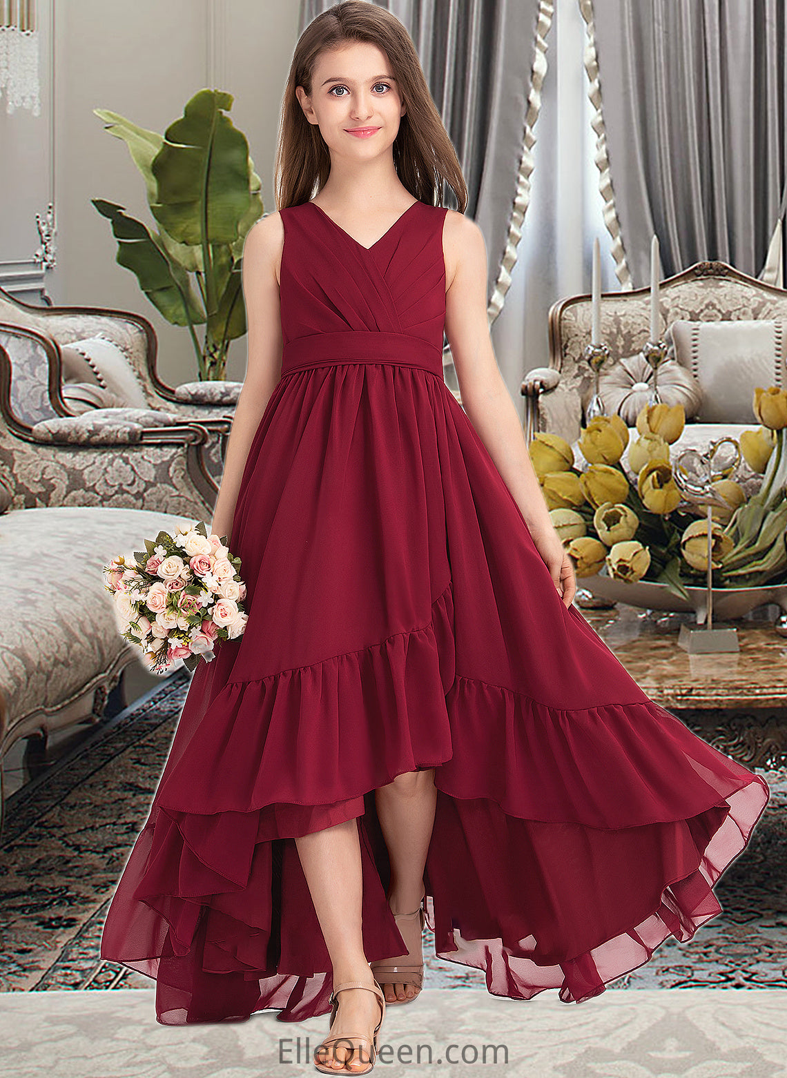 Phoebe A-Line V-neck Asymmetrical Chiffon Junior Bridesmaid Dress With Bow(s) Cascading Ruffles DGP0013310