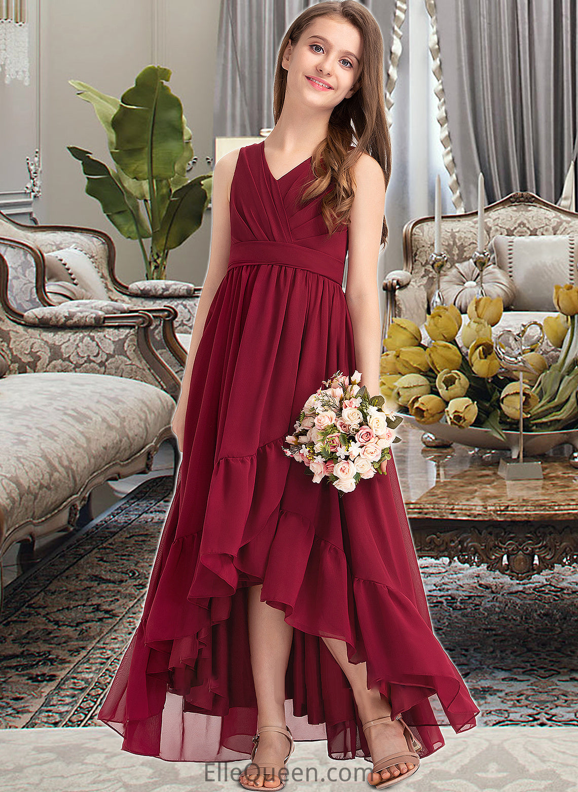 Phoebe A-Line V-neck Asymmetrical Chiffon Junior Bridesmaid Dress With Bow(s) Cascading Ruffles DGP0013310