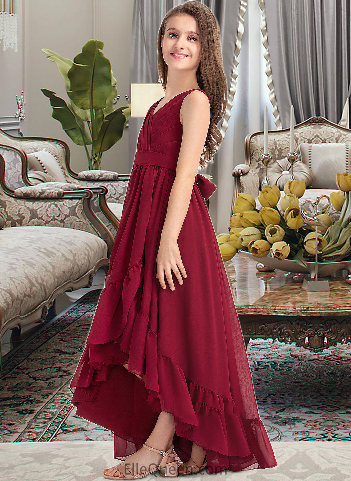 Phoebe A-Line V-neck Asymmetrical Chiffon Junior Bridesmaid Dress With Bow(s) Cascading Ruffles DGP0013310